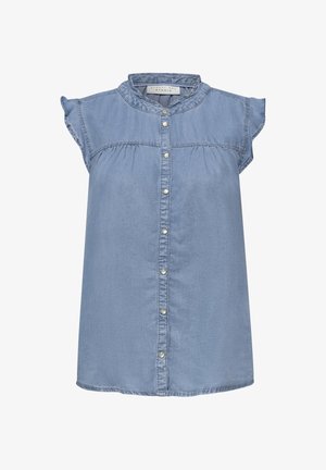 Jasnoniebieska bezrękawnikowa bluzka jeansowa z przednimi zatrzaskami i delikatnym marszczeniem pod karczkiem.