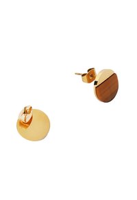 Guldtonede stud øreringe med et cirkulært design og en brun accent, glat tekstur og en poleret overflade. Minimalistisk stil.