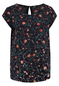 Námořnický top s krátkým rukávem, květinový vzor v červené a zelené barvě, detail výstřihu do tvaru klíče, lehký materiál a zaoblený lem.