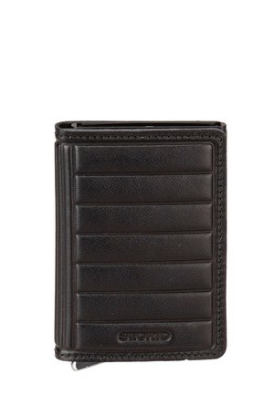 Kompakte schwarze Lederbrieftasche mit horizontalen Rillen und kleinem Metallhebel unten zum Auswerfen von Karten.