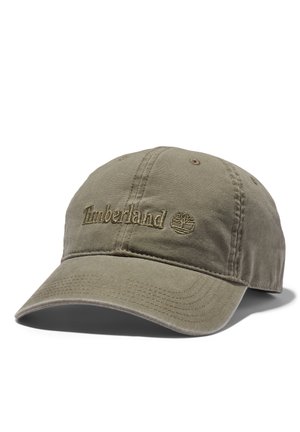 Khaki czapka bejsbolowa z zakrzywionym daszkiem i wyszywanym logo Timberland oraz symbolem drzewa na środku przedniej części.