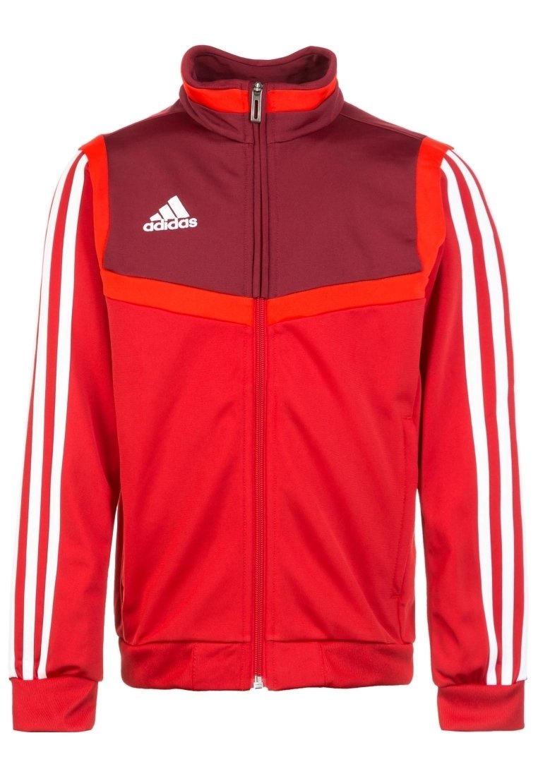 Rode Adidas trainingsjacket met een kastanjebruin bovenpaneel, witte strepen langs de mouwen, een staande kraag en een ritssluiting aan de voorkant.