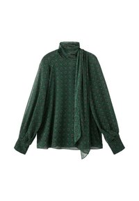 Blusa verde con estampado, de mangas largas, escote alto y detalle de bufanda drapeada. La tela parece suave con un brillo sutil.