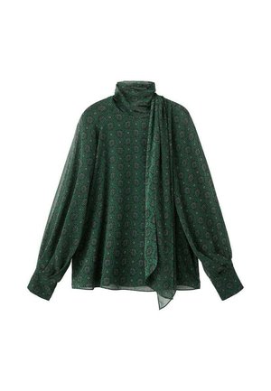 Green patterned blouse with long sleeves, high neckline, and a draped scarf detail. Fabric appears smooth with a subtle sheen.