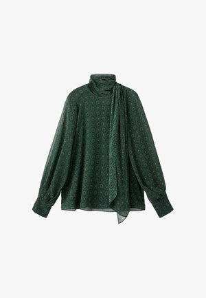 Green patterned blouse with long sleeves, high neckline, and a draped scarf detail. Fabric appears smooth with a subtle sheen.