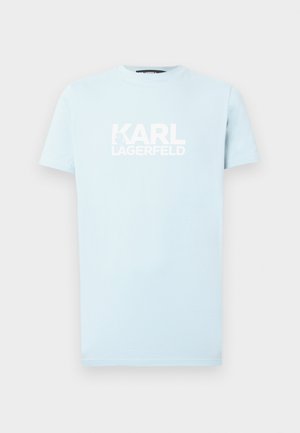 Hellblaues Baumwoll-T-Shirt mit kurzen Ärmeln und auffälligem weißen "KARL LAGERFELD" Schriftzug auf der Brust. Klassisches Rundhalsausschnitt-Design.