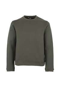 Olijfgroene sweatshirt van een zachte katoenmix, met een ronde hals, geribde manchetten en een rechte zoom met subtiele textuurdetails op de schouders.