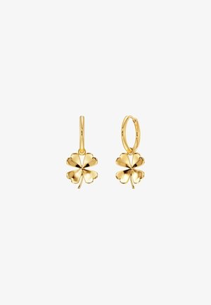 Gold-tone hoop earrings with a clover-shaped pendant, featuring a polished finish and four rounded leaves, designed for a delicate look.