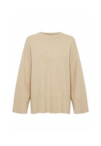 Pull beige à manches longues, taille XL, avec un col rond et une texture douce. Présente un détail de couture se prolongeant verticalement sur le devant.