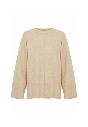 Beige oversized sweater with long sleeves, round neckline, and a soft texture. Features a seam detail running vertically down the front.
