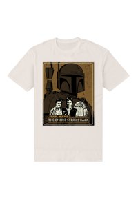 Biała bawełniana koszulka z grafiką na brązowym tle. Przedstawia postacie obok postaci w hełmie oraz napis "Imperium kontratakuje."