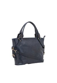 Borsa a mano in pelle blu navale con doppi manici e una tracolla rimovibile. Presenta accessori in ottone e una texture liscia. Chiusura superiore con zip.