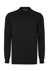 Sort langærmet polo sweater lavet af tekstureret stof, med en strikket krave og en delvis knaplukning ved halsen.