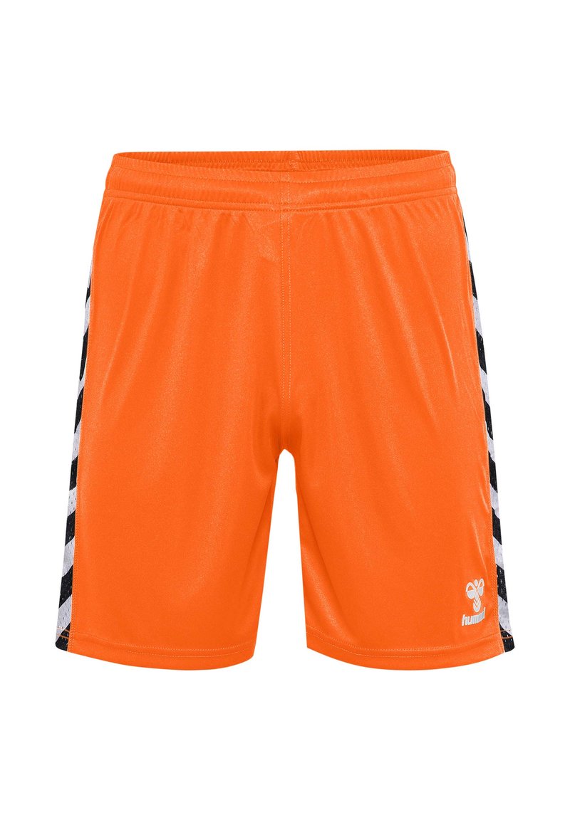 Orange idrottshorts gjorda av glänsande tyg med ett svart och vitt zigzag-mönster på sidorna och en logotyp på det nedre framsidan.