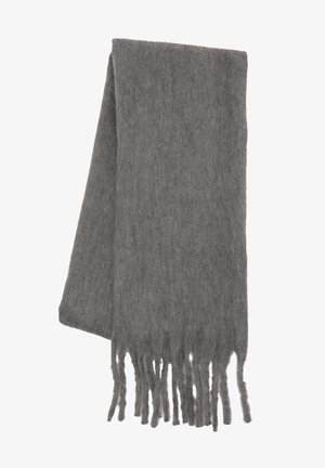 Grau Wollschal mit weicher Textur, mit fransigen Kanten für zusätzliche Details. Rechteckige Form, geeignet zum Wickeln oder Drapieren.