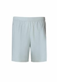 Shorts bleu clair avec une taille élastique, fabriqués dans un matériau lisse et léger. Comprend une petite poche latérale et un logo sur la jambe.