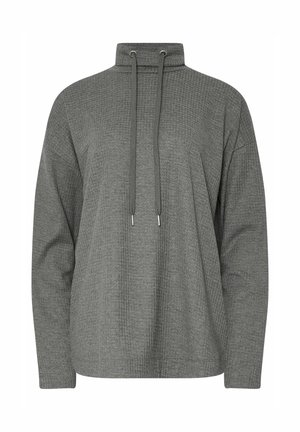 Gray pullover with high neck, drawstring, and a textured pattern. Relaxed fit with long sleeves and ribbed hem. Made from soft fabric.
