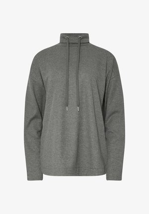 Gray pullover with high neck, drawstring, and a textured pattern. Relaxed fit with long sleeves and ribbed hem. Made from soft fabric.