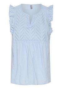 Blouse en coton bleu clair avec un décolleté en V, broderie décorative en forme de chevron découpée au niveau du buste, et manches volantes.