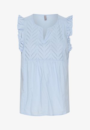 Hellblaue Baumwollbluse mit V-Ausschnitt, dekorativen Chevron-Ausschnitt-Stickereien am Oberteil und Rüschensäumen.