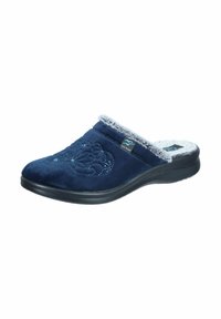 Navy blue suede clogs with embroidered design, faux fur lining, and a flexible black sole. Features a leaf logo detail on the side.
