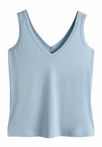 Haut bleu clair sans manches avec un col en V et de larges bretelles, fabriqué en tissu de coton lisse.