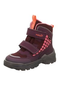 Lila und schwarze Kinderstiefel aus Mesh und synthetischen Materialien, mit zwei Klettverschlüssen, rosa Akzenten und einem robusten Sohlen Design.