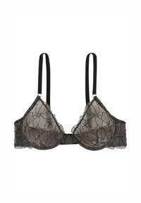 Soutien-gorge en dentelle florale noire avec bonnets transparents, bords festonnés et fines bretelles ajustables. Présente de subtils perles au centre des motifs floraux.