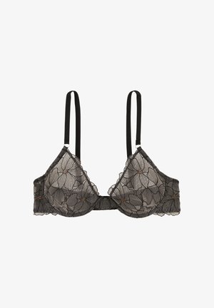 Soutien-gorge en dentelle florale noire avec bonnets transparents, bords festonnés et fines bretelles ajustables. Présente de subtils perles au centre des motifs floraux.