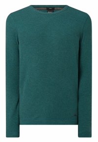 Langärmliges Shirt mit Rundhalsausschnitt aus strukturiertem, türkisfarbenem Stoff mit Rippenmuster. Verfügt über ein dezentes Logo am unteren linken Saum.