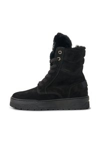 Zwarte veterboot van suède met een zachte binnenkant. Heeft een dikke rubberen zool en metalen veterogen. Zachte textuur, ontwerp tot aan de enkel.