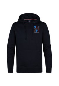 Sweat à capuche noir avec poche avant, cordons de serrage et un logo géométrique multicolore avec le texte "Petrol Industries" sur la poitrine.