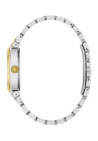 Ceas de mân�ă din argint și aur, având un cadran rectangular, brățară metalică cu zale lustruite și o coroana decorată cu un logo.