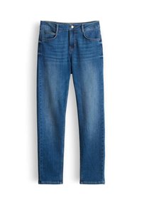 Rechtingsbeen middelblauwe denimjeans met voorknoop, ritssluiting en vijf-pocket ontwerp op een witte achtergrond.