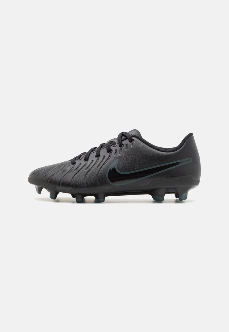 Black football boots with a textured upper, featuring a sleek design, six studded cleats, and a curved Nike logo in dark green.