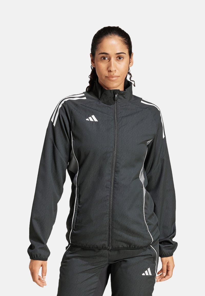 Schwarze Sportjacke mit weißen Akzenten und Streifen, mit Reißverschluss, Stehkragen und leichtem, strukturiertem Stoff.