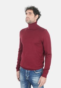 Maglione dolcevita color bordeaux in morbido tessuto a maglia, design aderente con maniche lunghe, abbinato a jeans blu strappati.