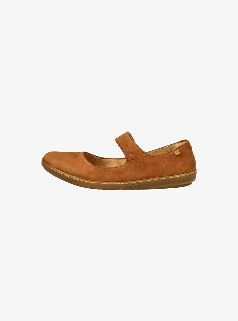 Braune Wildleder-Mary-Jane-Schuhe mit runder Spitze, breitem Riemen und niedriger Gummisohle. Verfügt über genähte Details entlang der Sohle.
