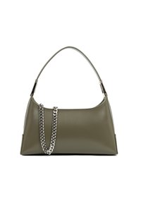 Borsa a mano verde oliva con forma strutturata, dotata di un manico elegante e di un'accensione decorativa in catena argentata.