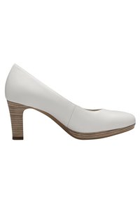 Escarpin en cuir blanc à talon moyen avec bout arrondi et talon en bois empilé, polyvalent pour une tenue formelle ou professionnelle.