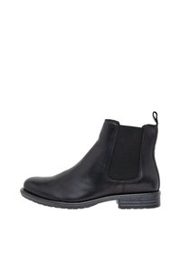 Schwarze Lederstiefelette mit elastischen Seiteneinsätzen, runder Zehenform und Ziehlasche. Strukturiertes Sohlenmaterial mit einem niedrigen, gestapelten Absatz für Stabilität.