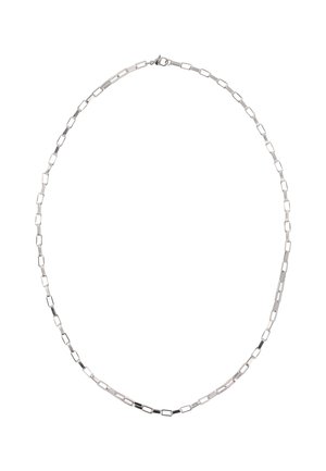 Hopeaketju, jossa on pitkänomaisia suorakulmaisia linkkejä, jotka vaihtelevat kiillotetun ja mattapintaisen pinnan välillä, varustettu tukevalla soljella.