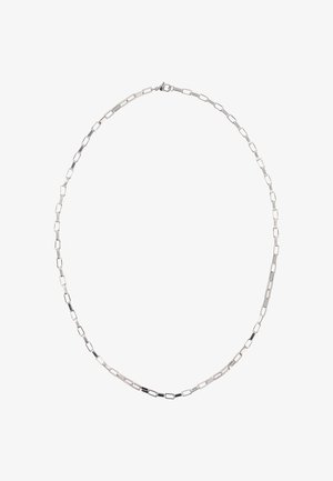 Hopeaketju, jossa on pitkänomaisia suorakulmaisia linkkejä, jotka vaihtelevat kiillotetun ja mattapintaisen pinnan välillä, varustettu tukevalla soljella.