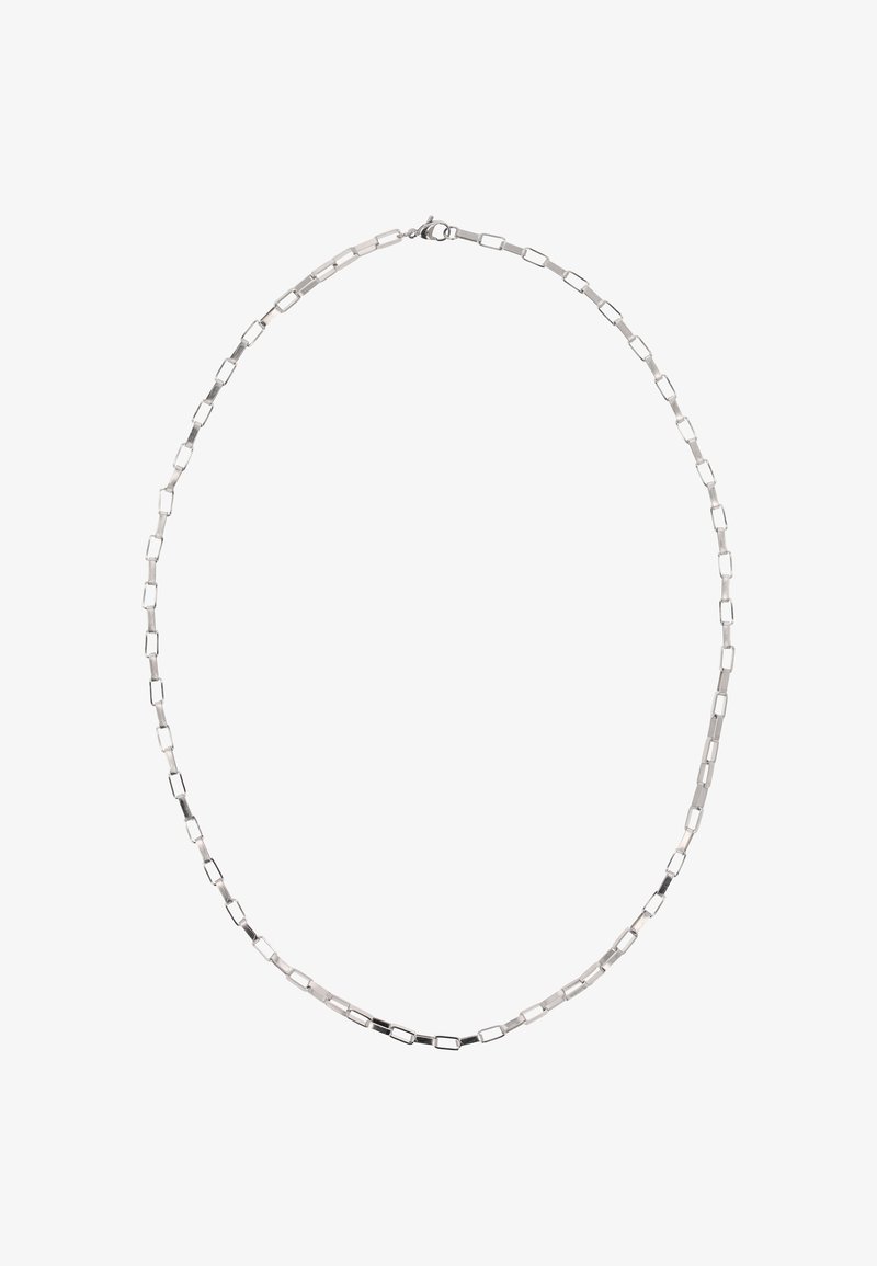 Sølvvaret halskæde med aflange rektangulære led, der skifter mellem polerede og matte overflader, med en sikker lås.