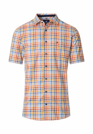 Kurzärmliges, geknöpftes Hemd mit einem karierten Muster in Orange, Blau, Gelb und Weiß, ausgestattet mit einer Tasche und blauen Knöpfen.