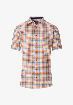 Kortærmet, knapop skjorte med ternet mønster i orange, blå, gul og hvid, med en lomme og blå knapper.
