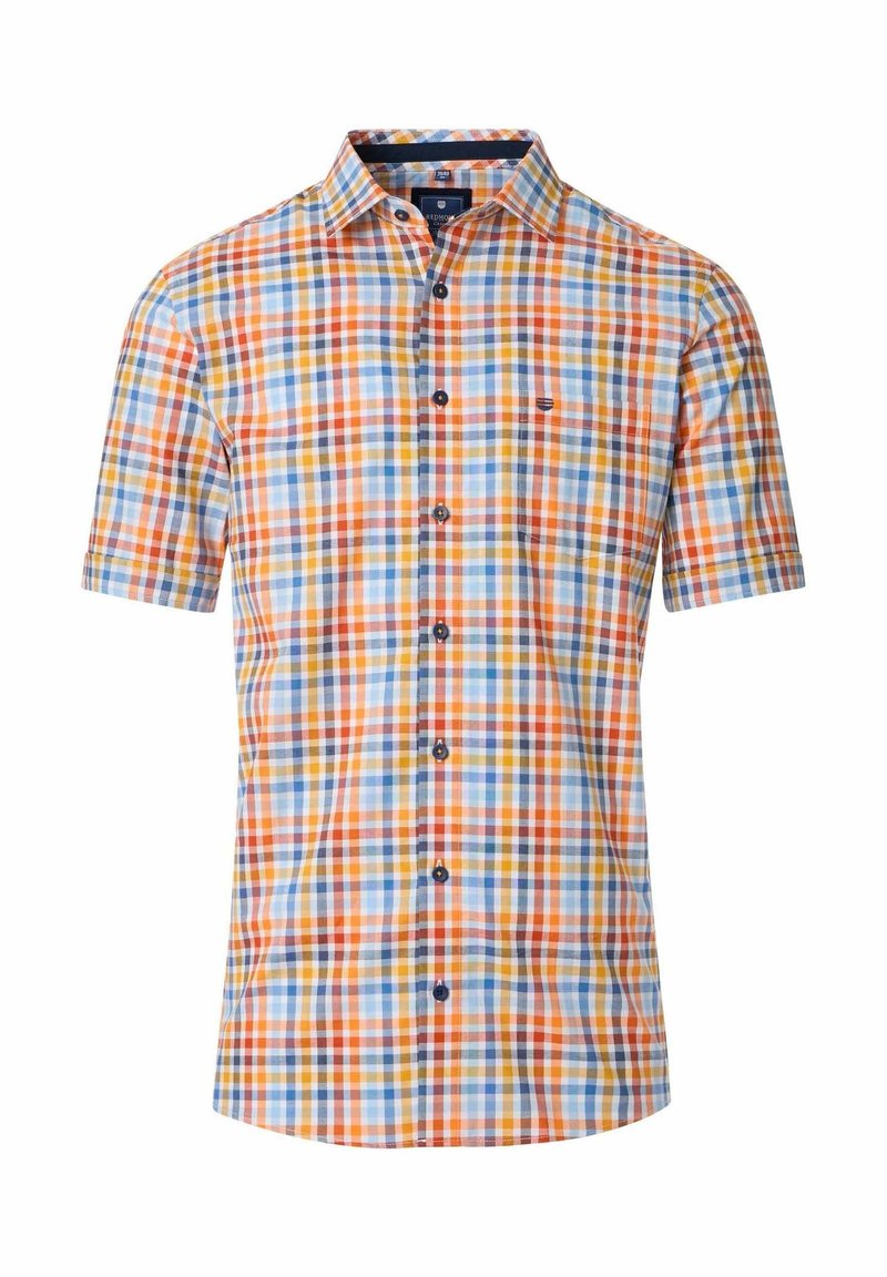 Kurzärmliges, geknöpftes Hemd mit einem karierten Muster in Orange, Blau, Gelb und Weiß, ausgestattet mit einer Tasche und blauen Knöpfen.