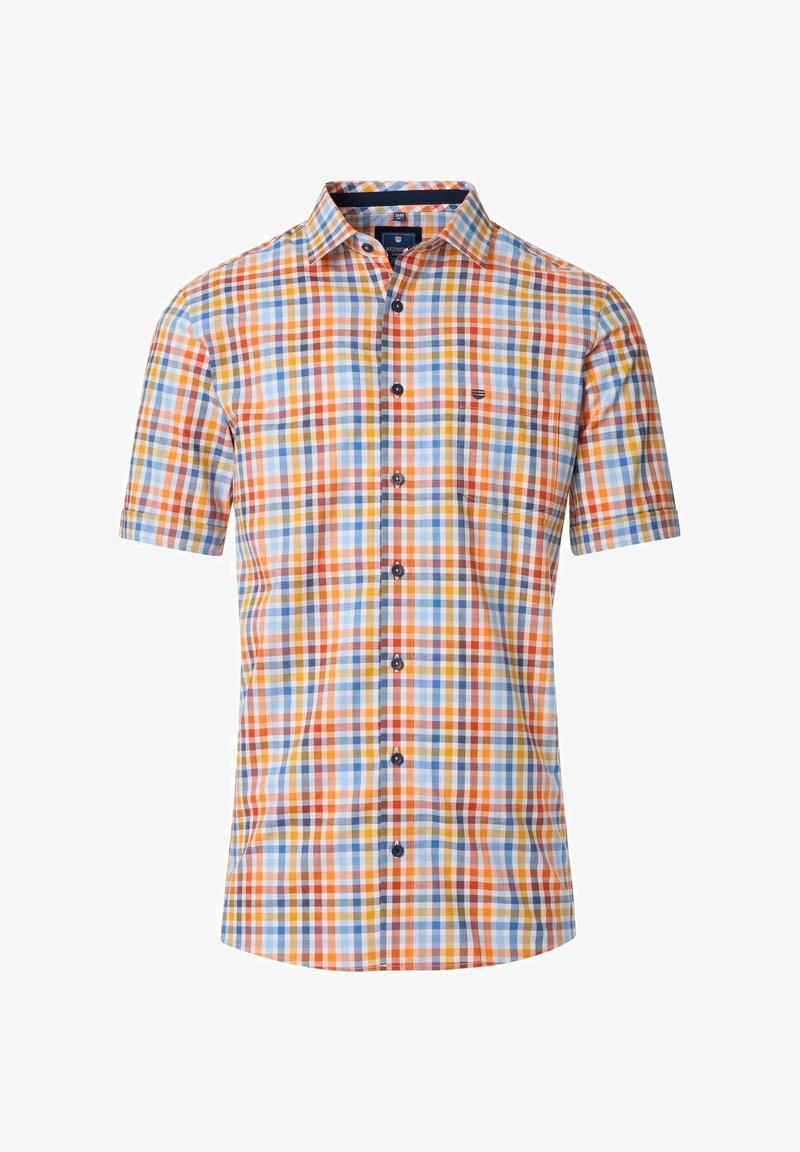 Kurzärmliges, geknöpftes Hemd mit einem karierten Muster in Orange, Blau, Gelb und Weiß, ausgestattet mit einer Tasche und blauen Knöpfen.