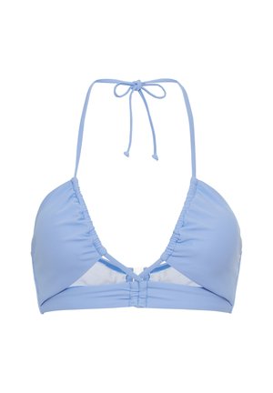 Plavi bikini gornji dio s trokutastim dizajnom. Izrađen od glatkog materijala, s podesivim vezicama i ruffles za prilagođeni izgled.