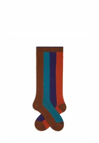 Calzini colorati al ginocchio con strisce marroni, teal, viola e rosse, dal texture liscia e con punte rinforzate.